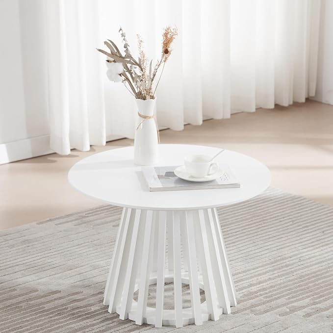 Round Coffee Table, Modern Small Side Table for Living Room, White, 24Inch