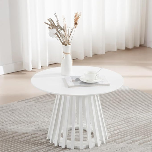 Round Coffee Table, Modern Small Side Table for Living Room, White, 24Inch
