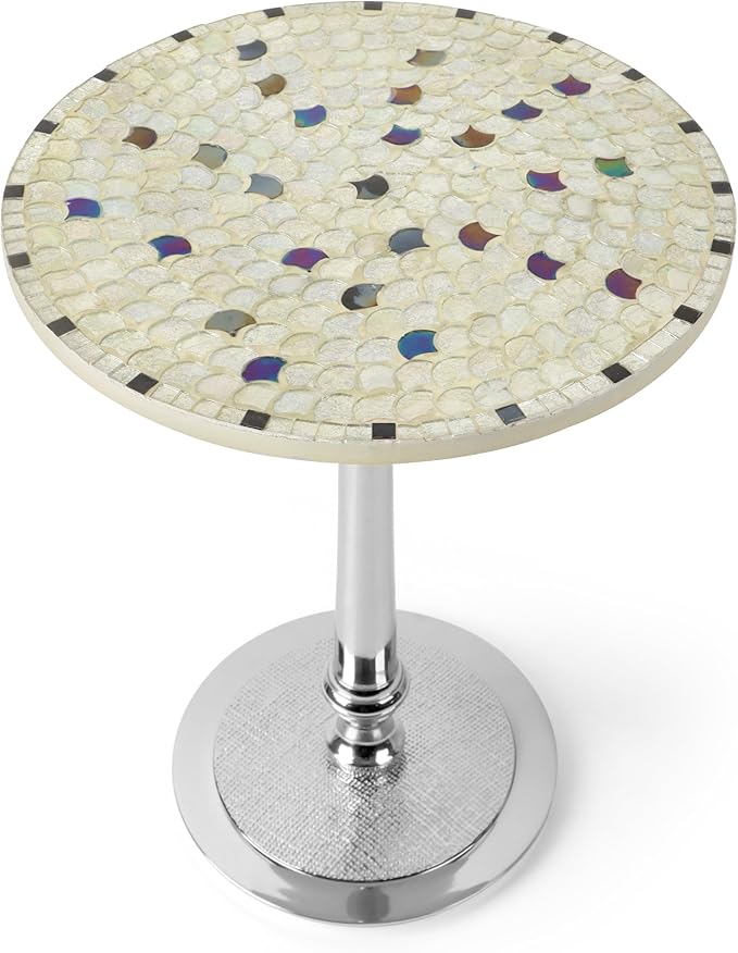 CLEENTABLE Mosaic Round End Table - Top End Tables for Living Room & Bedroom - Modern Side Table with Durable Enamel Top & Metal Legs - Lightweight Accent Table for Sofa, Bed (Ivory Silver)