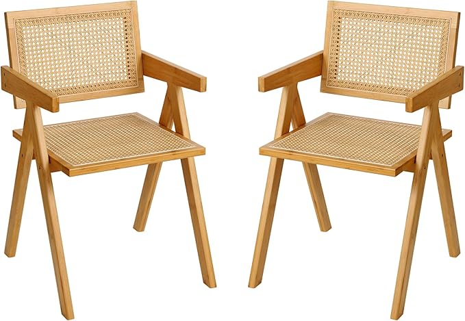 Rattan Dining Chairs Set of 2, Modern Mid Century Accent Chairs, Comfy Armchairs, Outdoor Rattan Chairs with Armrest for Bedroom Living Room Reading Room Dining Kitchen