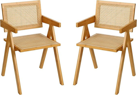 Rattan Dining Chairs Set of 2, Modern Mid Century Accent Chairs, Comfy Armchairs, Outdoor Rattan Chairs with Armrest for Bedroom Living Room Reading Room Dining Kitchen