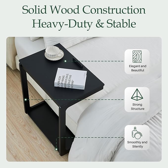 C Shaped Rolling End Table with Wheels - Solid Wood Side Table for Couch, Wooden Modern Tv Tray Bedside Tables for Sofa Armchair Living Room Bedroom, Black, 15.4 in x 23.6 in x 24.8 in