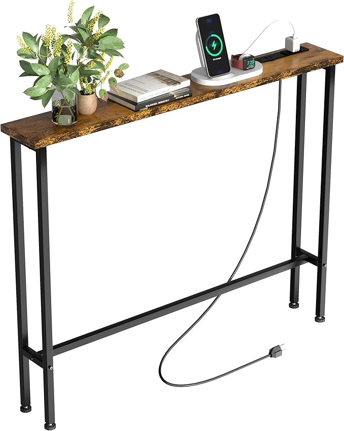 39" Sofa Table Narrow Long with Power Outlets & 2 USB Ports, Metal Frame Behind Couch Table Behind Sofa Perfect for Hallway, Living Room, Entrance Easy Assembly, 4.9' Extension Cord Included