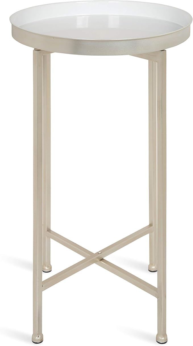 Kate and Laurel Celia Round Metal Foldable Tray Accent Table, White with Silver Base