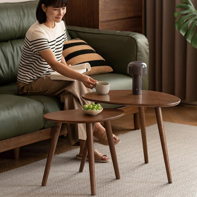 Small Oval Nesting Table, Mid Century Coffee Tables for Living Room,Solid Oak Wood Side Table,Triangle Tabletop with 3 Legs,Minimalist Display End Tables (Walnut Color, Combine)