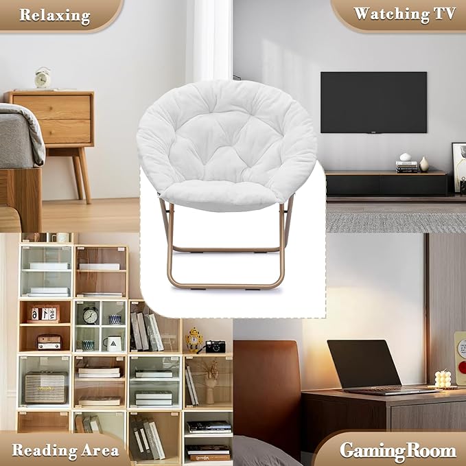 Athena Collection Comfy Saucer Chair Folding Cozy Chair for Bed Room Living Room Accent Chair Faux Fur Reading Chair Foldable Metal Frame Lazy Chair Moon Chair for Adult Set of 2, White