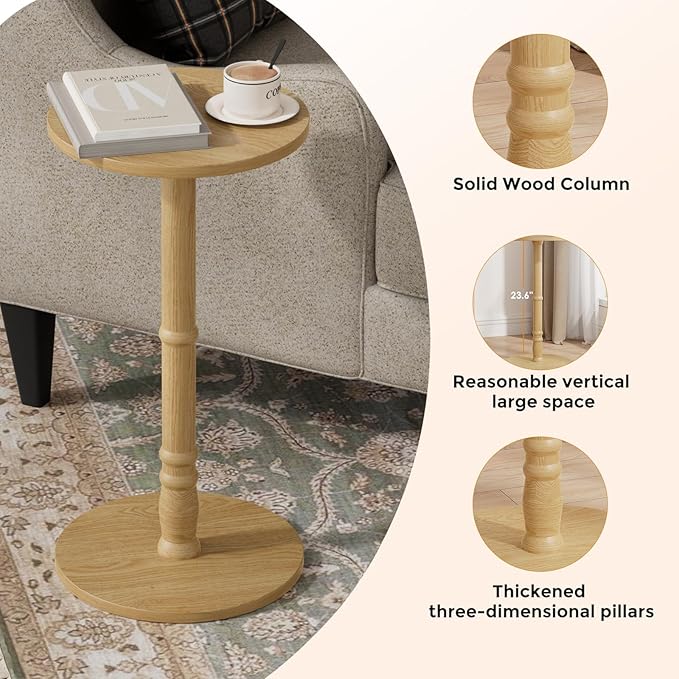 Round Side Table, Solid Wood Pillar with Wood Top & Base, Small Drink Accent Table for Living Room, Bedroom, Sofa & Office, Easy Assembly, Natural