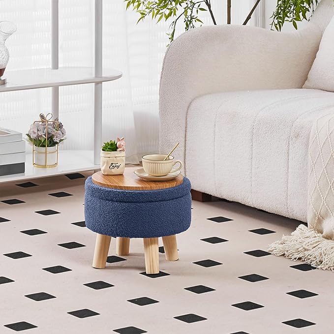 Wimarsbon Storage Ottoman, Modern Round Footrest with Soft Padded Seat, Teddy Velvet Footstool with Wood Legs, Accent Small Table or Plant Stand for Hallway, Living Room (Grey-Blue)