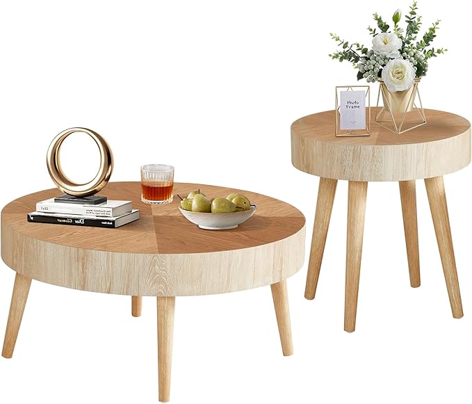 AVZEAR Nesting Round Coffee Table Set of 2, Farmhouse Modern Coffee Table, Natural Wood Nesting Tables Boho Side Table End Table Set for Living Room Bedroom, Cafe, Office, Wood Color