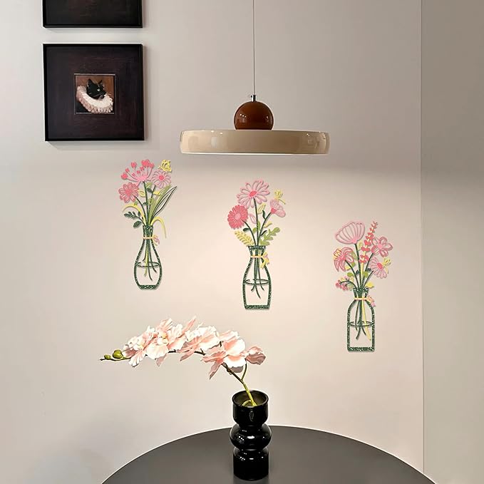 Iron Metal Vase Flower Wall Art Set of 3 - Minimalist Black Floral Decor for Living Room Bedroom Kitchen, Office Garden - Modern Farmhouse Home Decor & Housewarming Gifts (Green-Pink)