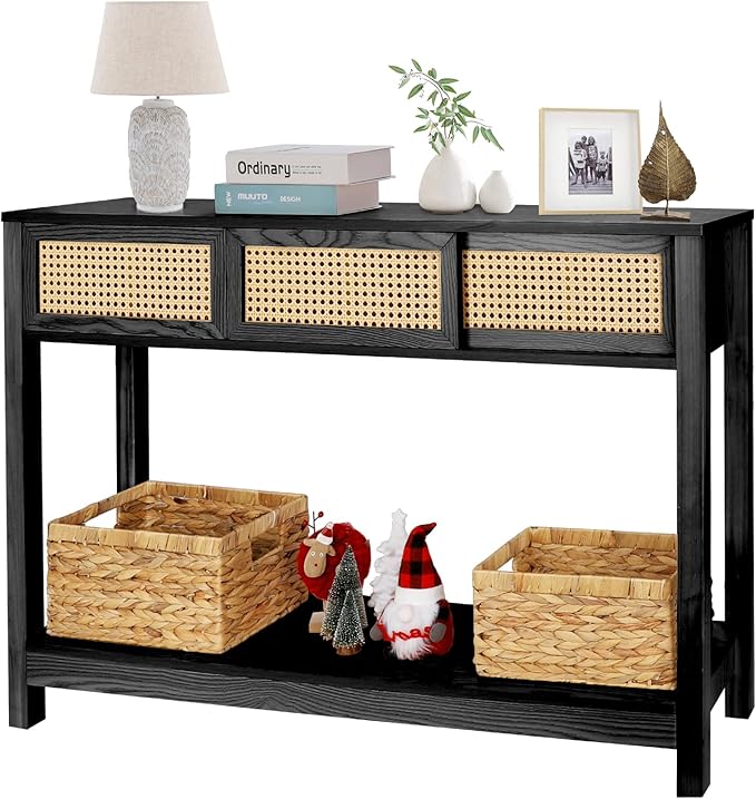 ZYBT Long Console Table, Rattan Entry Table, Console Tables for Entryway, Narrow Wood Console Table with Storage, Black Couch Table Hallway Table Boho Sofa Table for Living Room