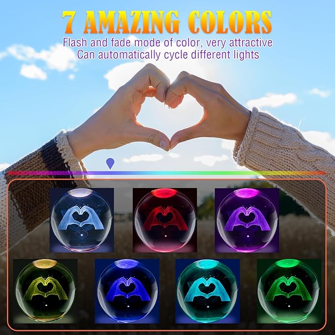 Cute TS Girl 3D Crystal Ball Night Light 3.15-inch Heart-Shaped Gesture, 7 Colors to Choose from, Room Decoration, Birthday and Christmas Gifts for Girlfriends, Wives, Daughters, and Mothers