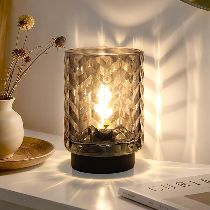 Battery Operated Lamp with Timer, Small Table Lamp for Office Desk Decor, Glass Cordless Lamp Bedside Cozy Light for Living Room Aesthetic, Entryway Wave Design-Grey
