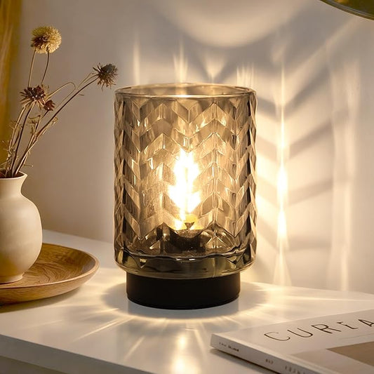 Battery Operated Lamp with Timer, Small Table Lamp for Office Desk Decor, Glass Cordless Lamp Bedside Cozy Light for Living Room Aesthetic, Entryway Wave Design-Grey