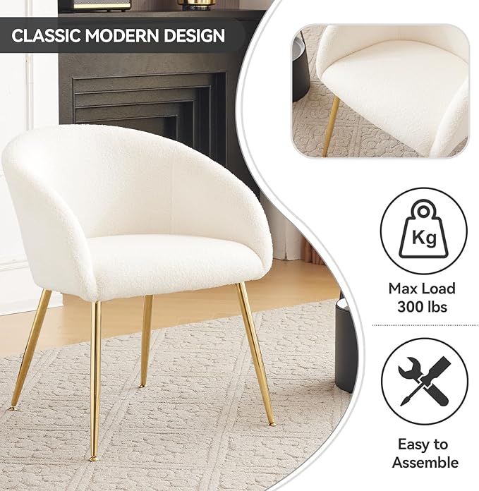 Modern Small Accent Chair Set of 4, Comfy Sherpa Makeup Vanity Chair with Golden Metal Legs, Decorative Dining Chair no Wheels for Living Room, Dressing Room, Bedroom, White