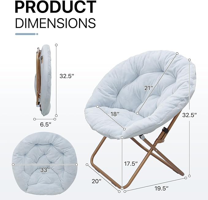 Athena Collection Comfy Saucer Chair Folding Cozy Chair for Bed Room Living Room Accent Chair Faux Fur Reading Chair Foldable Metal Frame Lazy Chair Moon Chair for Adult Set of 2, Blue