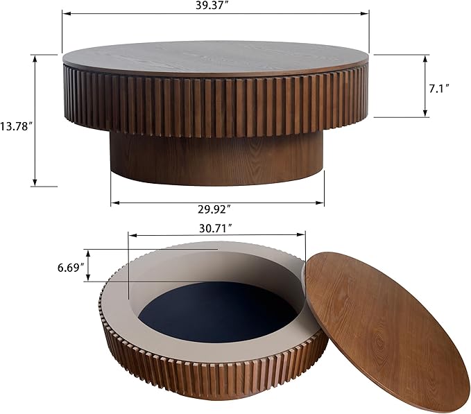 39.37 Inch Round Drum Coffee Table with Storage, Handcraft Fluted Drum Coffee Table, Modern Wooden Round Coffee Table Center Table with Sturdy Pedestal for Living Room Apartment(Walnut)