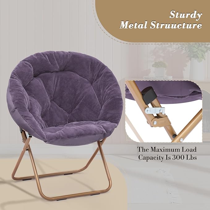 Athena Collection Saucer Chair with Ottoman - Modern Foldable Round Cozy Chair - Purple Faux Fur - 300 lbs Capacity - Ideal for Bedroom, Living Room, Gaming, Reading, Camping