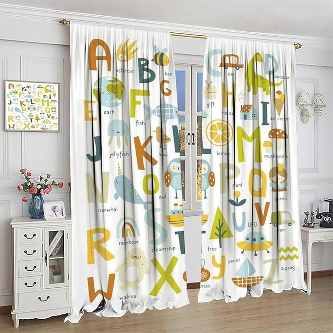 BAEKJIN Kids Alphabet Curtains，Catoon Animals Pattern Print Decor Window Drapes for Bedroom Living Room 42x45 Inch
