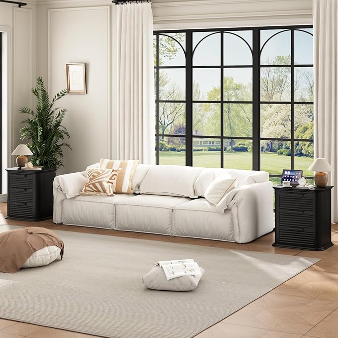 22'' Fluted Nightstand with Charging Station Set of 2, Modern End Table w/ 3 Drawers and Storage, Wood Night Stand with Round Corner, Side Table Dresser for Bedroom, Living Room, Curved Profile,Black