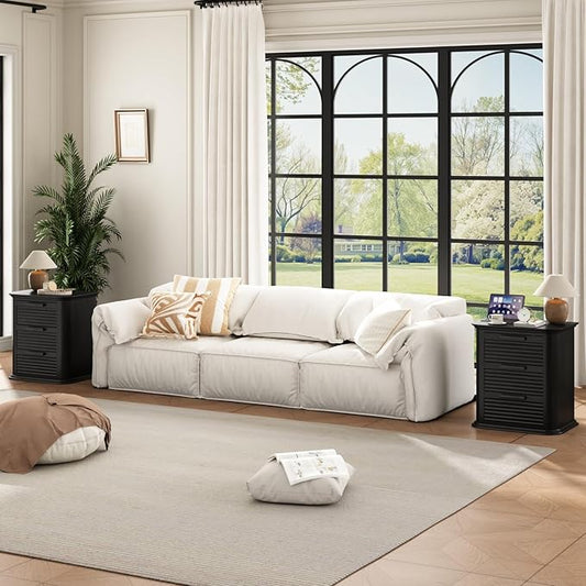 22'' Fluted Nightstand with Charging Station Set of 2, Modern End Table w/ 3 Drawers and Storage, Wood Night Stand with Round Corner, Side Table Dresser for Bedroom, Living Room, Curved Profile,Black