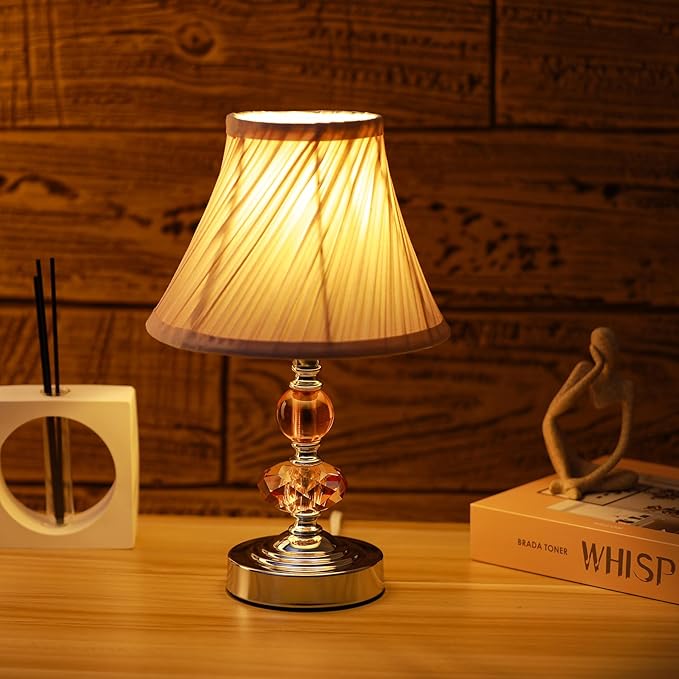 Small Modern Crystal Bedside Table Lamp, 7 x 7 x 12 Inch Electroplaetd Silver Base Table Lamp for Bedrooms and Office (Pink Pleated Bell Shape Shade)