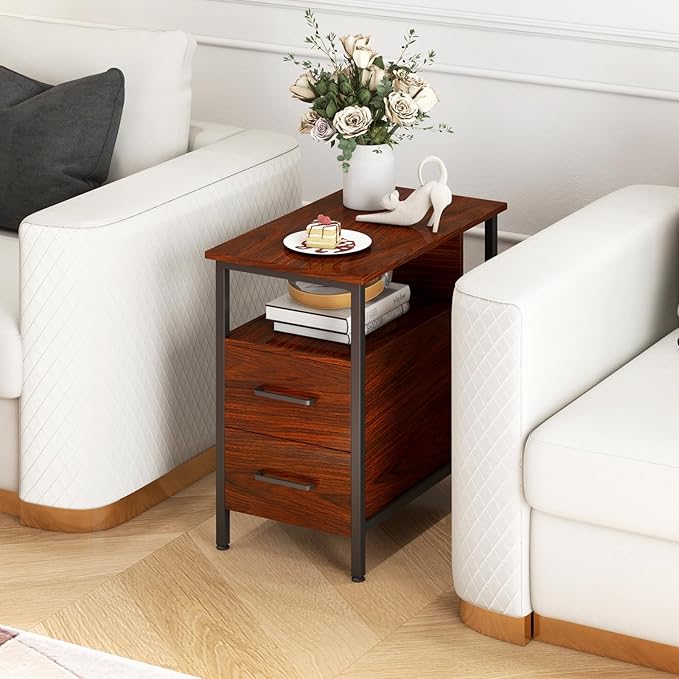 Livofloral Narrow Side Tables with Charging Station, Narrow End Table with Wooden Drawers, USB Ports and Power Outlets, Nightstand and Bedside Table for Bedroom, End Tables Living Room, Espresso