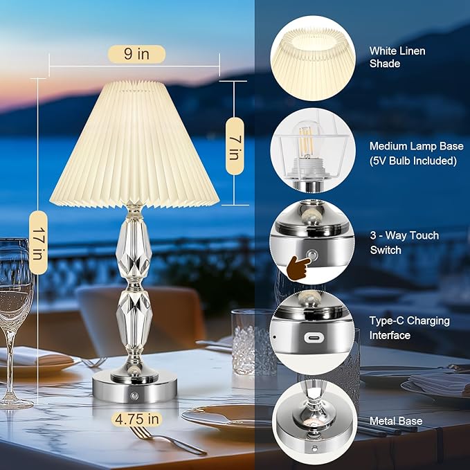 Rechargeable Table Lamp With Touch Dimmer,Acrylic Cordless Lamp with 4400mAh Battery Operated,3-Level Brightness,Pleated Linen Fabric Shade,Portable Cordless Table Lamp for Dinner,Patio(Bulb Included)