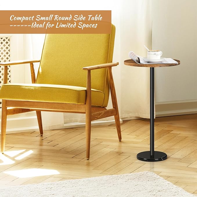 smusei Drink Table Small Side Table with Marble Base Pedestal Side Table Drink Tables for Small Spaces Round End Table Mini Side Table for Sofa Couch Chair Patio, Brown and Black