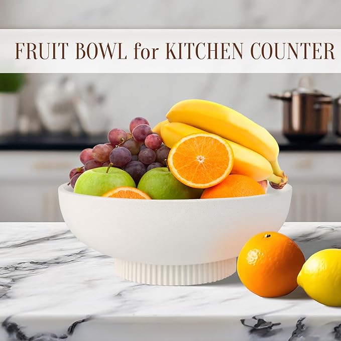 Large Resin Pedestal Decorative Bowl - Modern Handicraft Bowls for Home Decor - Fruit Bowl for Kitchen Counter - Key Bowl for Entryway Table,Artificial Stone White