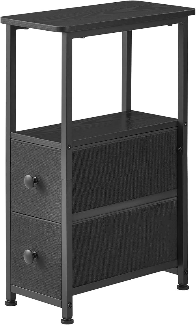 End Table, Narrow Side Table with 2 Fabric Drawers, Slim Nightstand, Small Bedside Table with Storage, Living Room, Bedroom, Black HKET1200BK