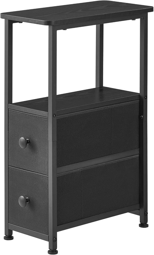 End Table, Narrow Side Table with 2 Fabric Drawers, Slim Nightstand, Small Bedside Table with Storage, Living Room, Bedroom, Black HKET1200BK
