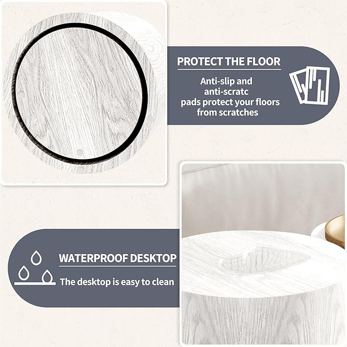 Small Round Nesting Coffee Table Set of 2, Wood Grain Circle Side End Accent Tables for Small Spaces Living Room Bedroom Balcony Office, White