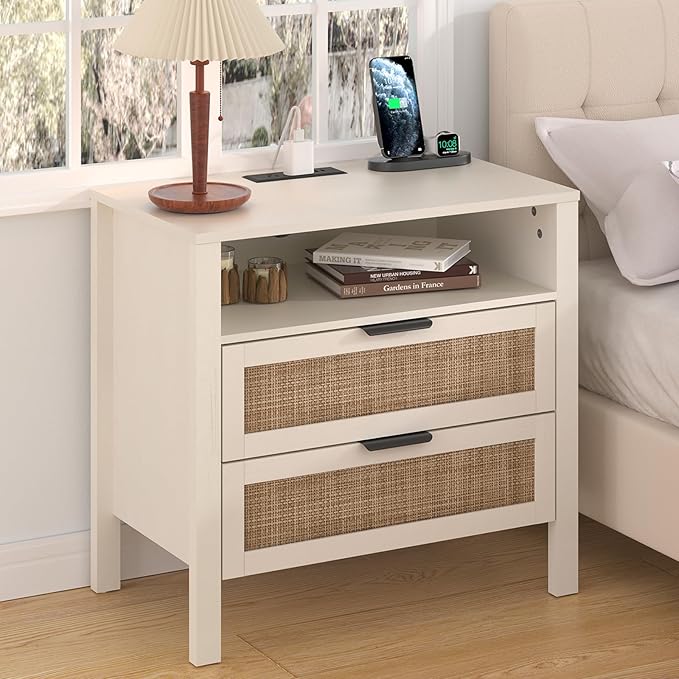 HOMMPA Nightstand with Charging Station, Rattan Night Stand with Drawer, Boho Bedside Table with USB and Type-C Ports, Large Side Table End Table for Bedroom, Living Room, Small Space, Cream