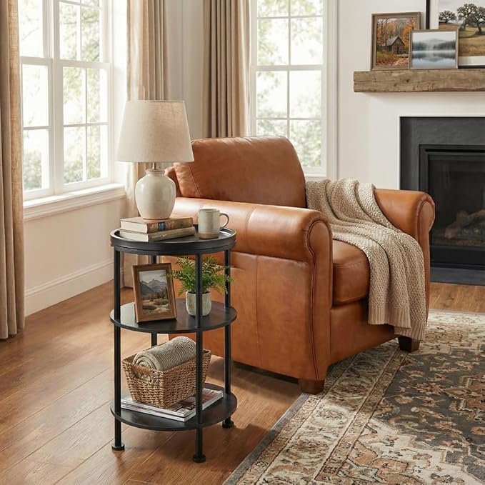 Small Round Side Table with Tray Top, 3-Tier Black End Table for Living Room & Bedroom, Modern Metal Nightstand with Storage Shelf, 11.8" Narrow Accent Table for Small Spaces, Balcony, Classic Black