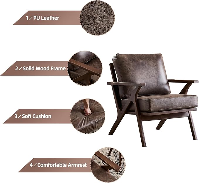 INZOY Mid-Century Modern Accent Chair with Wood Frame, PU Leather Living Room Chair and Soft Thick Padded Armchair for Living Room Bedroom Reception with Removable Upholstered Cushions, Dark Grey