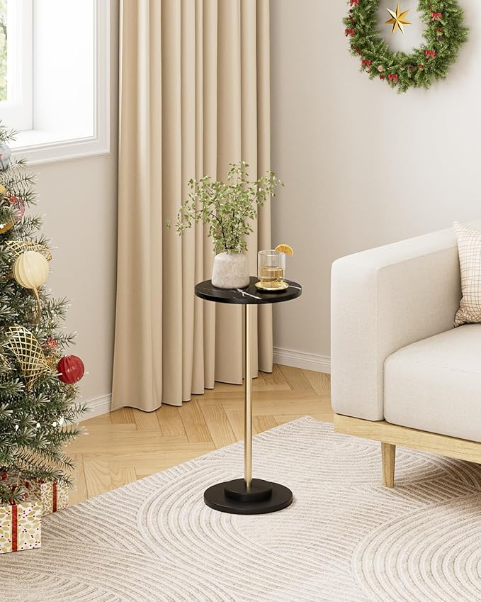 Round Side Table, Small Drink Table for Small Spaces, Modern Accent End Table with Metal Leg for Living Room, Bedroom, Corners, and Office (Black Marble)