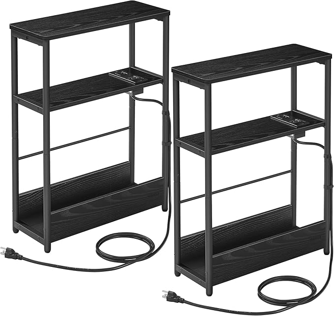 VASAGLE Side Tables with Charging Station, Set of 2 Narrow End Tables, 3-Tier Nightstands, Sofa Tables for Small Spaces, for Living Room, Bedroom, Study, Ebony Black and Ink Black ULCT664B01
