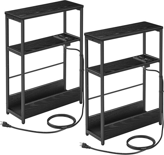 VASAGLE Side Tables with Charging Station, Set of 2 Narrow End Tables, 3-Tier Nightstands, Sofa Tables for Small Spaces, for Living Room, Bedroom, Study, Ebony Black and Ink Black ULCT664B01