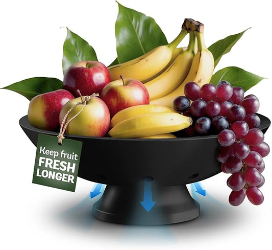 Black Wooden Fruit Bowl - Large Decorative Pedestal Bowl for Kitchen Counter & Dining Table Centerpiece, Modern Bamboo Serving Bowl for Fruits, Salads, Snacks, Keys, Bread, Entryway or Home Decor Gift