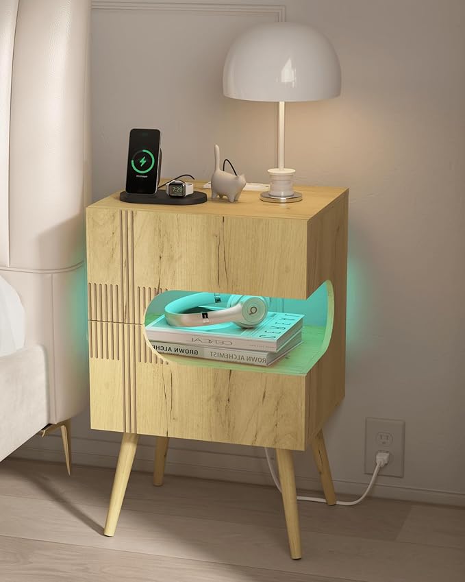 Nightstand with Charging Station and LED Lights,Modern Bedside Table with 2 Storage Drawer,Night Stand with Solid Wood Legs,White (Oak)