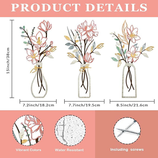ARTINME 3 Pieces Metal Flowers Wall Arts - Pink and Beige Rustic Farmhouse Decor Minimalist Flower Wall Decors for Living room Bathroom Kitchen Bedroom Dining Room - Housewarming Gifts