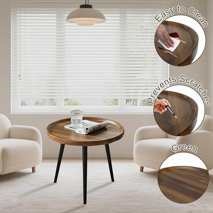 Jessie Small Round Coffee Tables,50x50x48cm Mid Century Modern Nesting Tables,Easy Assembly Circle Walnut Coffee Tables with Non-Slip Feet,Nesting Coffee Table for Living Room Balcony Yard