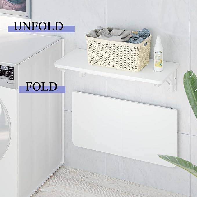 TEAMIX Wall Mounted Desk, White Folding Desk for Small Spaces Floating Shelf Organizer with Heavy-Duty Brackets for Home Office