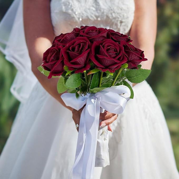 10 PCS Artificial Roses with Long Stems Silk Flowers Realistic Foam Flowers Fake Roses for Valentine's Day Home Wedding Halloween Decor(Wine Red)