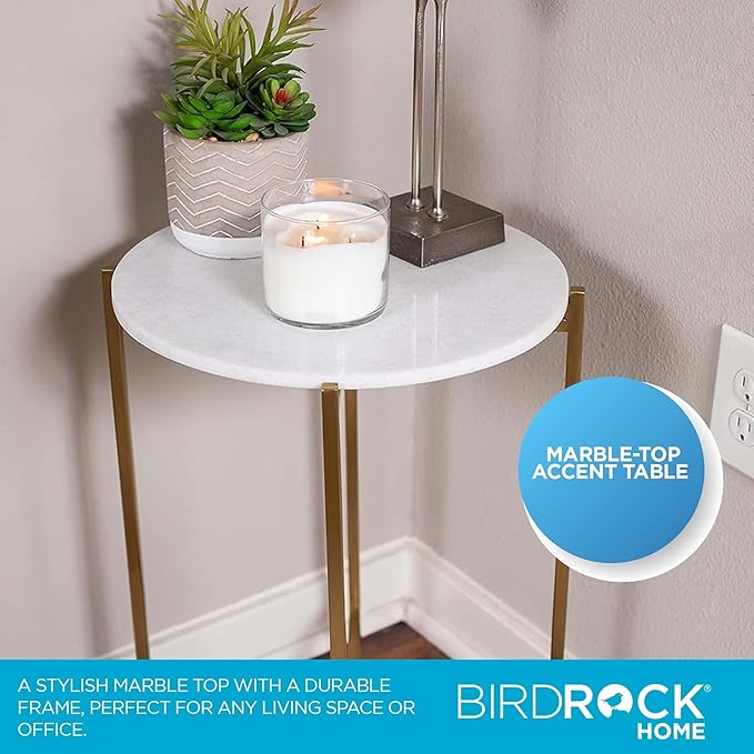 BIRDROCK HOME Folding Side Table with Marble Top - Metal Foldable Nightstand - Indoor Use Only - Bar Coffee Drinks Food Serving Tray - Decorative Modern End Accent (Marble Top with Gold Legs)