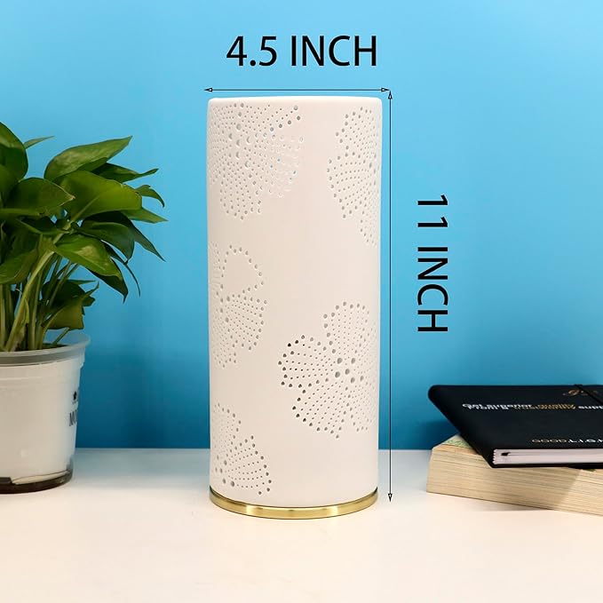 Small Modern Ceramics Bedside Table Lamp, 4.5 x 4.5 x 11 Inch White Flowers Style Nightstand Lamps, Side Table Lamps for Bedroom Living Room Entryway Table Light