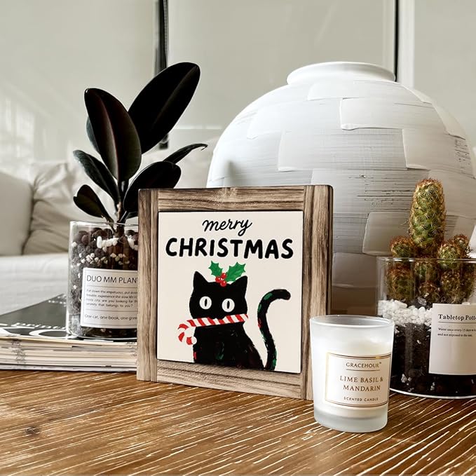 Merry Christmas Wood Sign, Funny Cat Decor, Decorative Sign Table Decor, Farmhouse Home Decors, Shelves Decoration, Desk Decors Art, Merry Christmas Gift for Cat Lover