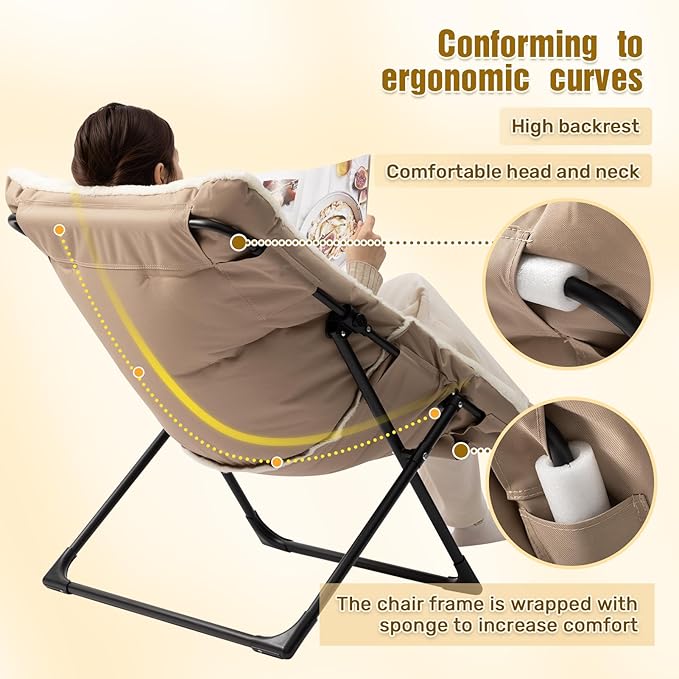 HollyHOME X-Large Saucer Chair with Foldable Ottoman, Comfy Oversized Folding Chair and Folding Footrest Stool Set, Faux-Fur Reading Chair and Footstool for Living Room, Bedroom, Beige Chair&Stool