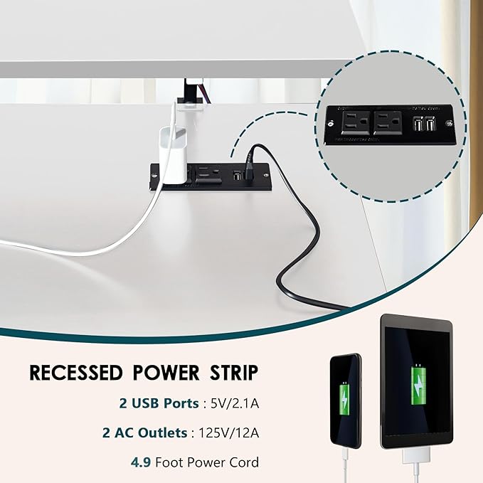 DlandHome Computer Desk 39’’ with LED Lights & Power Outlets,Folding Desk with Monitor Stand, Writing Desk Home Office Desk, Fully Assembled,White